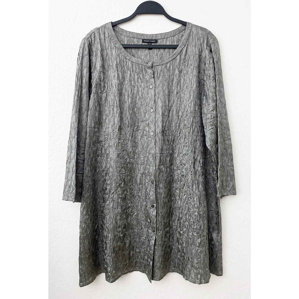 Eileen Fisher Women's Silk Crinkle Tunic Top Duster Metallic Silver Gray Button